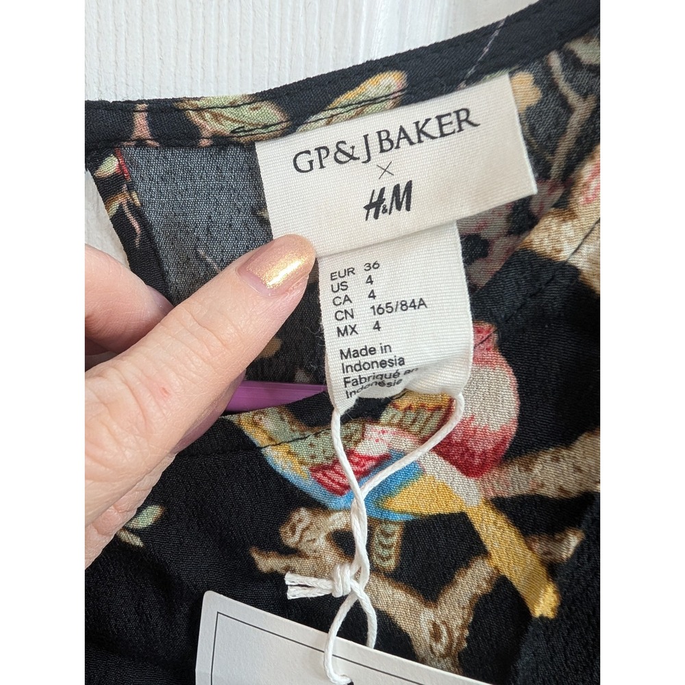GP & J Baker H&M Floral Bird Print Dress Womens Black Chinoiserie Shift - Size 4 - Picture 6 of 8